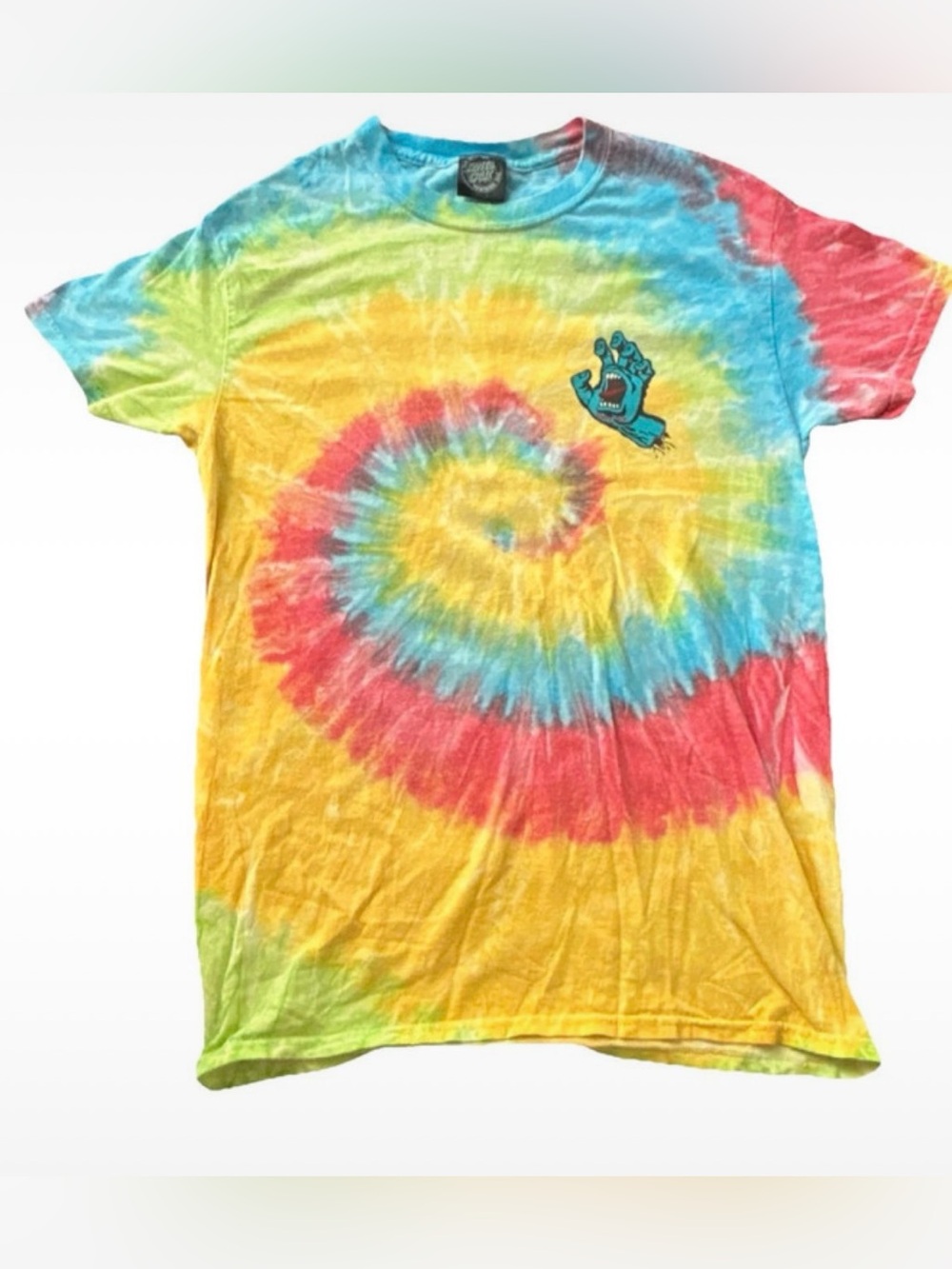 Santa Cruz Skateboards Tie-Dye Spiral Tee in Yellow, Blue, Red, Green size small